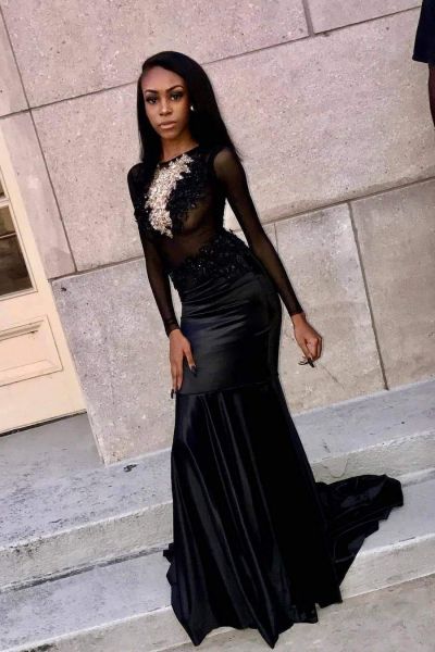 Black Mermaid Prom Dress with Long Sleeves and Appliques