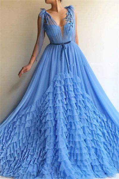 A-line Plunging Neckline Sleeveless Floor-length Tulle Evening Dress With Bow