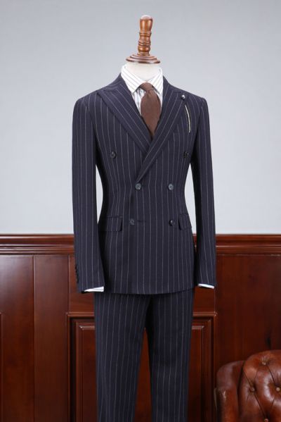Navy Blue Striped Slim Fit Business Suit