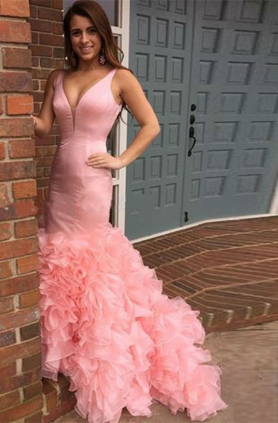 Tiered  Long Mermaid Pink Sleeveless Evening Dresses -  and