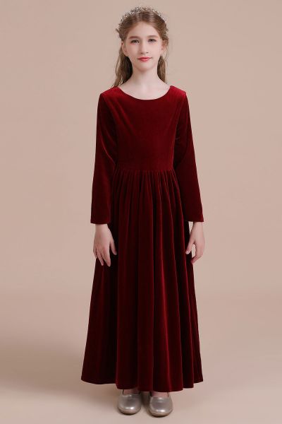 A-line Jewel Neck Long Sleeves Ankle-length Velvet Flower Girl Dress
