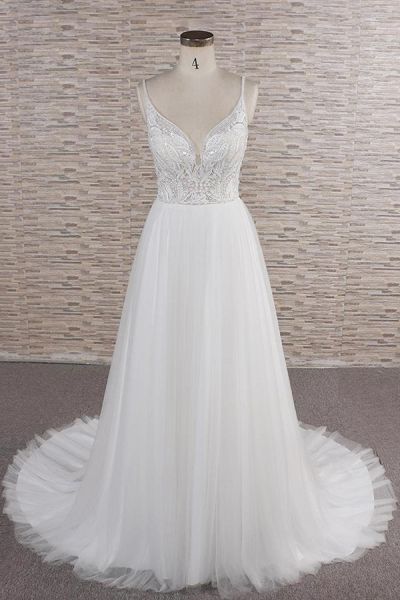 A-line Spaghetti Straps Sleeveless Court Train Tulle Wedding Gown With Beading