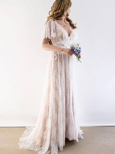 V-neck Cap Sleeves Tulle Wedding Dress With Lace