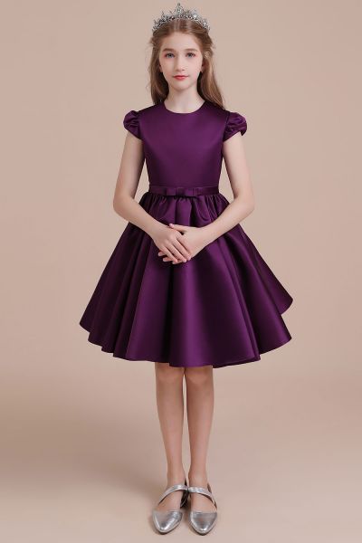 A-line Jewel Neck Sleeveless Knee-length Satin Flower Girl Dress With Ribbons