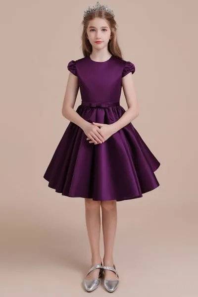 A-line Jewel Neck Sleeveless Knee-length Satin Flower Girl Dress With Ribbons