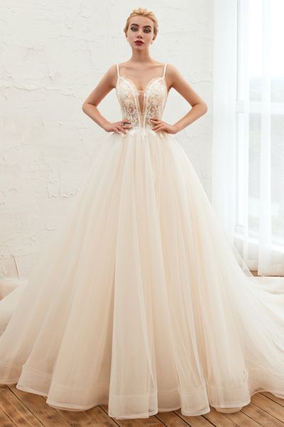 A-line Spaghetti Straps V-neck Sleeveless Cathedral Train Tulle Wedding Dress With Beading