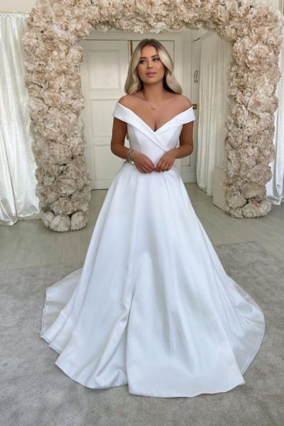 A-line Off-the-shoulder Long Sleeves Sweep / Brush Train Satin Wedding Dress With Ruffles