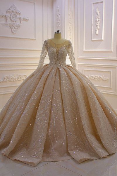 Ball Gown Jewel Neck Long Sleeves Floor-length Tulle Bridal Dress With Beading