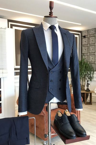 Hot Navy Blue Small Plaid Double Breasted Business Suit