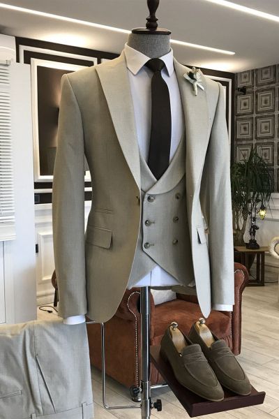 Light Brown 3-Pieces Double Breasted Waistcoat Business Suit