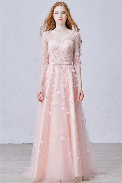 A-line V-neck Half-Sleeves Floor-length Tulle Evening Dress With Flower(s)