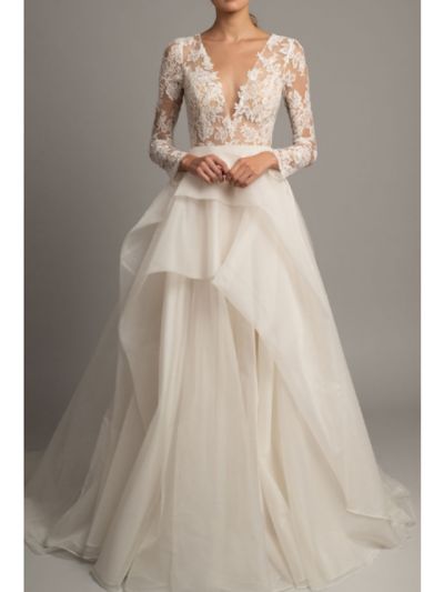 A-line V-neck Long Sleeves Court Train Tulle Wedding Gown With Buttons