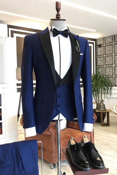 Royal Blue Business Suit with Black Peaked Lapel