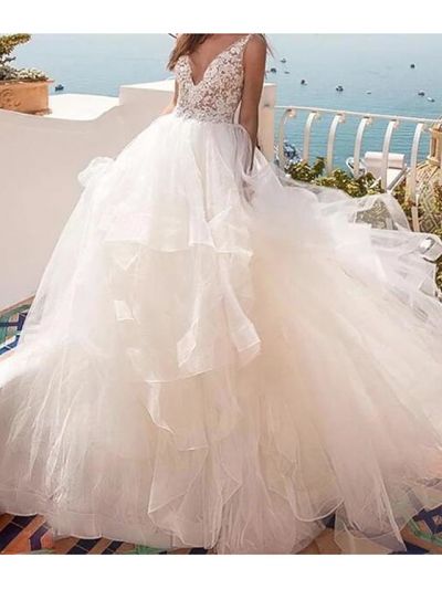 Ball Gown V-neck Sleeveless Sweep / Brush Train Tulle Bridal Dress With Ruffles