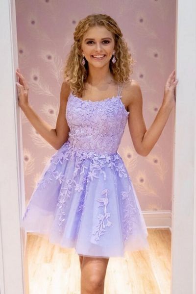 A-line Spaghetti Straps Sleeveless Knee-length Tulle Homecoming Dress With Lace