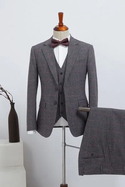 Gray Plaid Notched Lapel 2 Button Custom Suit For Business