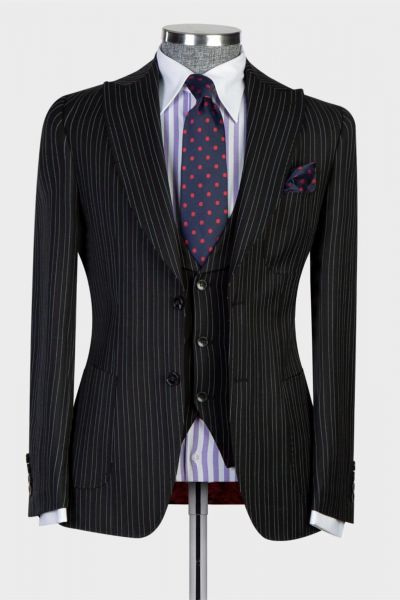 Black Striped Peaked Lapel Three Pieces Men Suit
