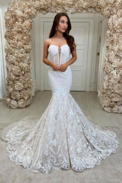 Mermaid Spaghetti Straps Sweetheart Neck Sleeveless Chapel Train Lace Bridal Gown With Lace