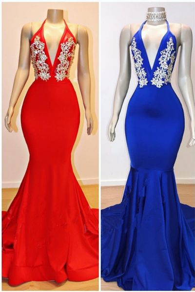 Mermaid V-neck Halter-neck Floor-length Evening Gown With Appliques