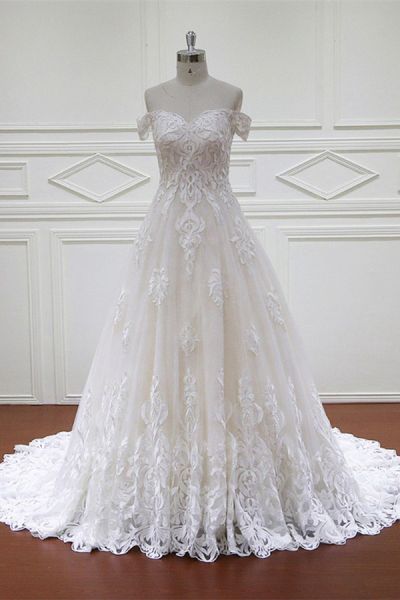 A-line Off-the-shoulder Sweetheart Neck Sleeveless Floor-length Tulle Wedding Dress With Lace