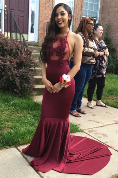 Column Halter-neck Sleeveless Court Train Stretch Satin Prom Dress With Appliques