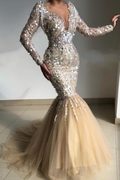 Mermaid V-neck Long Sleeves Floor-length Evening Dress With Sequins