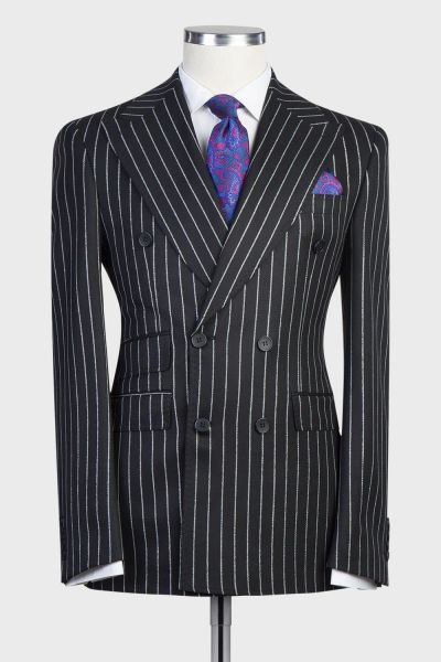 Black Stripe Double Breasted Business Men Suit with Peaked Lapel