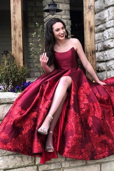 A-line Strapless Sleeveless Floor-length Satin Evening Gown With Lace