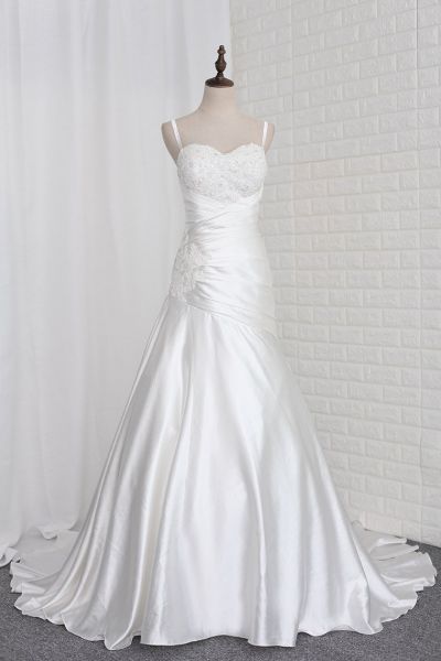 Mermaid Straps Sweetheart Neck Sleeveless Court Train Satin Wedding Gown With Beading