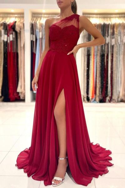 Mermaid One Shoulder Sleeveless Floor-length 100D Chiffon Prom Dress With Lace