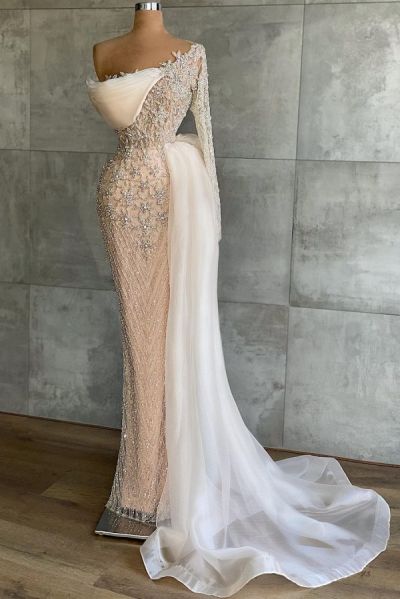 Mermaid One Shoulder Long Sleeves Floor-length Tulle Evening Dress With Beading