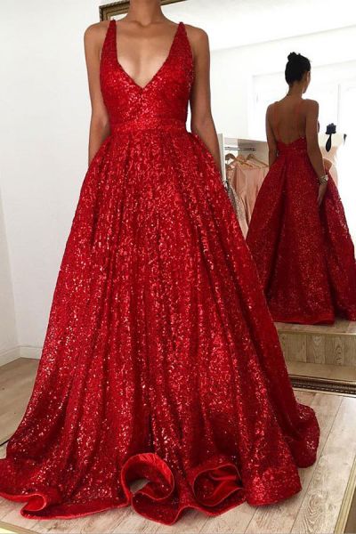 A-line V-neck Long Sleeves Floor-length Evening Dress With Sequins