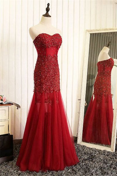 Mermaid Sweetheart Neck Sleeveless Floor-length Tulle Evening Dress With Beading