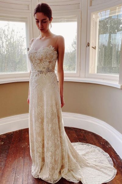 Mermaid Jewel Neck Sleeveless Sweep / Brush Train Lace Wedding Gown With Lace