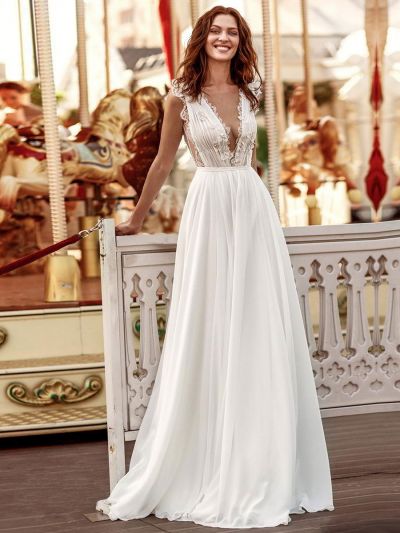 A-line Plunging Neckline Sleeveless Court Train 100D Chiffon Bridal Gown With Lace