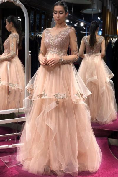A-line Bateau Neck Long Sleeves Floor-length Tulle Formal Dress With Sequins