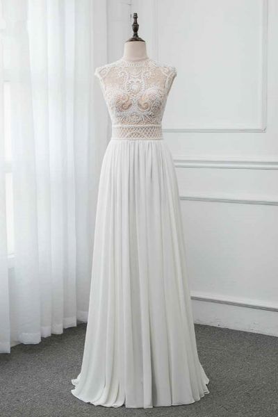A-line Jewel Neck Sleeveless Floor-length 100D Chiffon Wedding Dress With Pearls