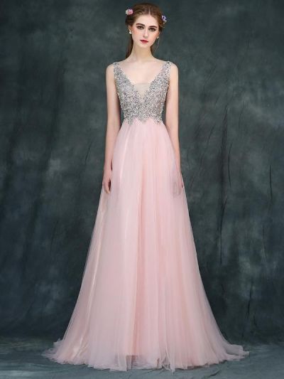 A-line V-neck Sleeveless Court Train Tulle Formal Dress With Beading