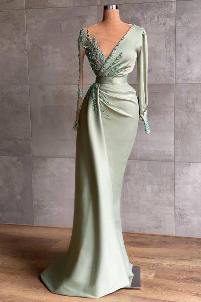 Mermaid V-neck Long Sleeves Floor-length Satin Formal Wear With Ruffles