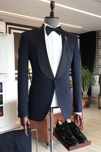Dark Navy Shawl Lapel One Button Men's Suit for Wedding