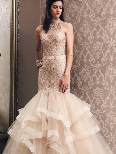 Mermaid High Neck Sleeveless Tulle Formal Dress With Beading