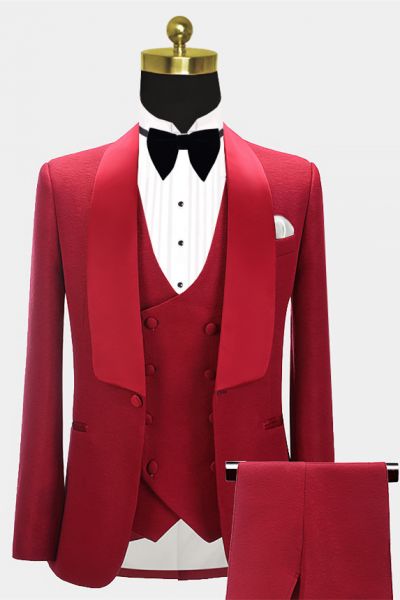 Red Three Pieces Shawl Lapel Wedding Grooms Suit