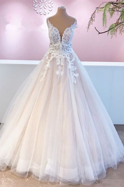 A-line Sweetheart Neck Sleeveless Sweep / Brush Train Tulle Bridal Dress With Appliques