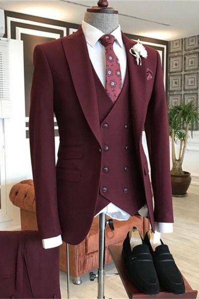 Burgundy Three Pieces Peaked Lapel Men's Suit