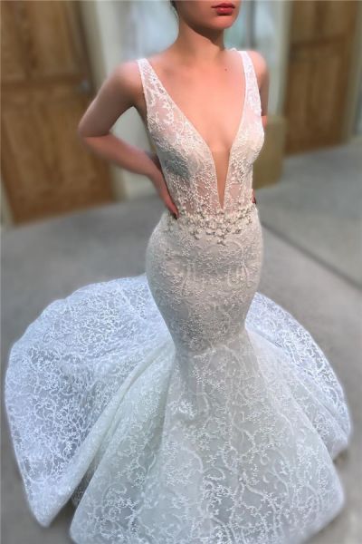 Mermaid V-neck Sleeveless Court Train Bridal Attire With Beading