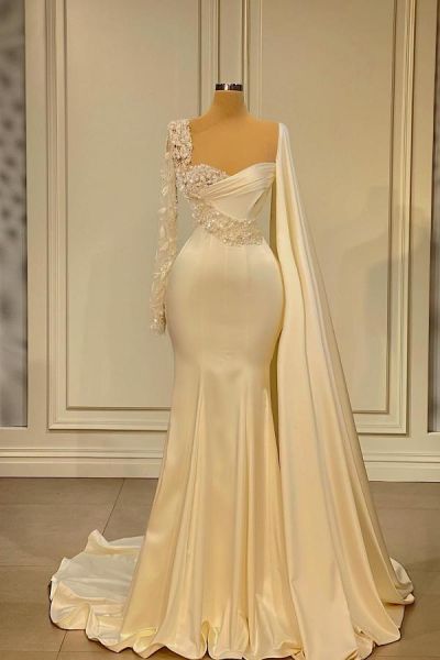 Mermaid Scalloped-Edge Long Sleeves Floor-length Stretch Satin Evening Dress With Beading
