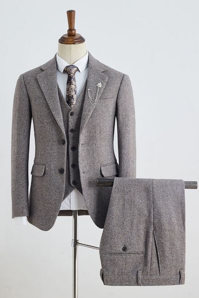 Coffee Small Plaid 3 Pieces Notched Lapel Business Suit