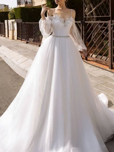A-line Long Sleeves Sweep / Brush Train Lace Wedding Gown With Sequins