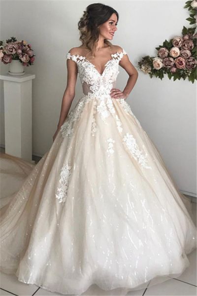 A-line Off-the-shoulder Sleeveless Sweep / Brush Train Tulle Wedding Gown With Lace