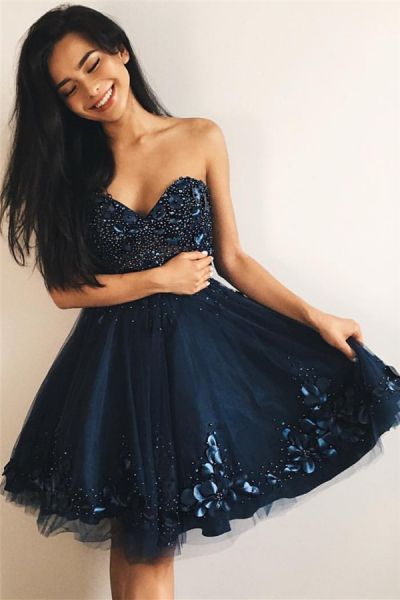 Sweetheart Navy Tulle Homecoming Dress with Beads and 3D Flowers
